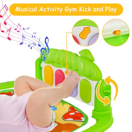 AOMIG Gimnasio De Juegos Para Bebe,Manta de Juego para Bebé con Piano con 3Sonidos y 5Accesorios,Motivo de Animales,Tapete De Juegos Para Bebés de 0-24 Meses que,Alfombra Piano Gimnasio para Bebés