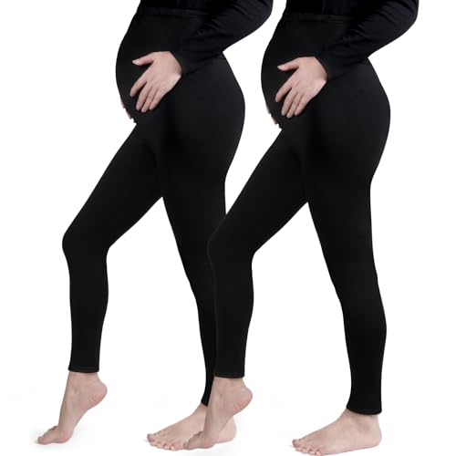 Aomig Leggins Premama Embarazada, 2pcs Pantalon Premama Elasticos Suave, Cintura Alta Leggins Embarazada Mujer Ajustable, Ropa Premama Embarazada Afelpado y Cálido, Ideal para Hogar, Yoga, Deporte, XL