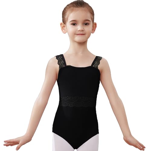 AOQUNFS Maillot Ballet Danza Niñas Leotardos con Espalda de Encaje Maillot de Gimnasia Camisola Body Traje de Baile, SS02-Negro,8-9Años