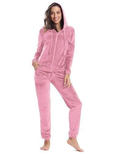 Aottori Conjunto Chándal para Mujer Terciopelo Conjuntos Deportivos Sudadera Chaqueta Manga Larga con Cremallera Capucha y Pantalones Mujer Pijama Casual de 2 Piezas Rosa M