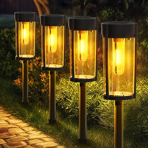 Aourow 4 Balizas Solares para Exterior Jardin,Blanco Cálido Luz Solar Exterior Jardin, IP65 Impermeable Luces Solares LED Exterior Jardin Suelo,Decoracion Jardin Pasarela de Césped en el Patio Trasero