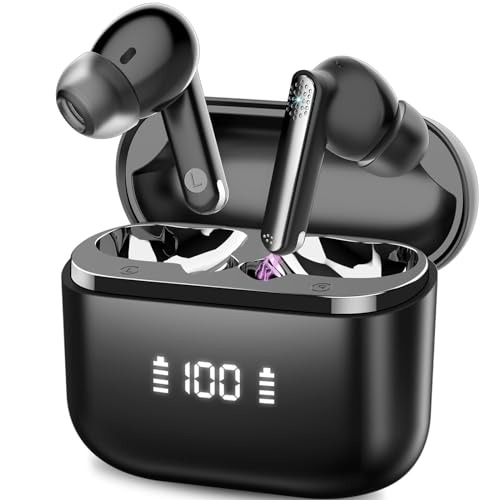 Aptkdoe Auriculares Inalambricos, Auriculares Bluetooth 5.3 Graves Profundos con HD Mic, 48H de Reproducción Cascos Inalambricos Bluetooth con Pantalla LED, IPX7 Impermeable, Control Táctil Negro 2024