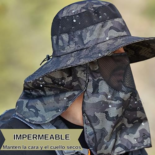 APUKESE Sombrero de Pesca Hombre Mujer, Camuflaje, con Protector de Cuello y Boca Desmontable, Alta protección contra el Sol UV, antimosquitos.