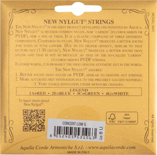 Aquila New Nylgut - Cuerdas para Ukelele de Concierto 8U Low-G GCEA. Con baja G 4ª cuerda