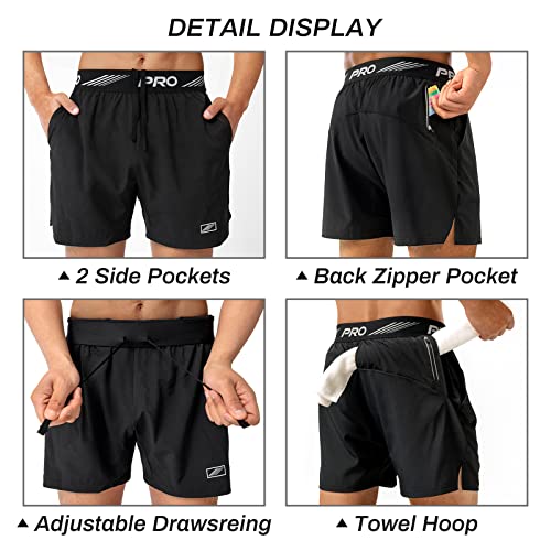 aquota Pack de 2 Pantalones Cortos Deportivos de Hombre, para Entrenamiento, Correr, Tenis, Atléticos, Trotar, 9"& 5", Negro, Large