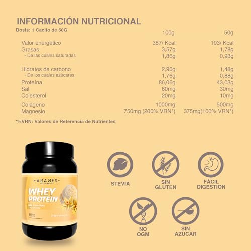 Aranes Whey Protein | Proteína pura con Colágeno y Magnesio | Recuperación muscular | Proteína concentrada | Acelera el metabolismo | Formato en polvo | 1000 gramos (Vainilla)