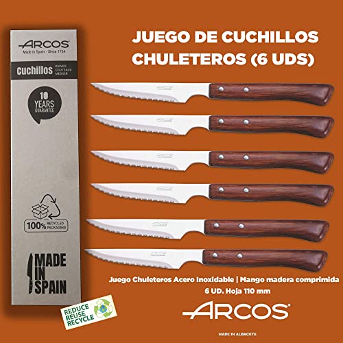 Arcos | 6 Piezas de cuchillos chuleteros y carne con mango madera y Envase Eco | Juego Fabricado en España