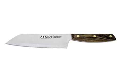 ARCOS Cuchillo Santoku 7 pulgadas Acero Inoxidable, Cuchillo cocina japonés para pescado, carne y verduras, Mango madera Ovengkol 100% natural FSC y Hoja 190 mm, Serie Nordika, Color marrón