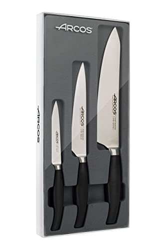 ARCOS Juego Cuchillos cocina forjados 3 piezas (Cuchillo pelar + Cuchillo cocina + Cuchillo chef), Forjados en Acero Inoxidable Nitrum, Mango polipropileno POM, Serie Clara, Color negro