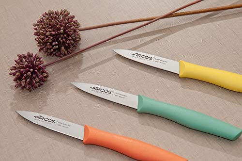 Arcos Set Cuchillos Mondadores de Cocina. 3 Piezas Acero Inoxidable, para Pelar Frutas y Verduras. Mango Ergonómico Polipropileno. Serie Nova. Naranja. Amarillo y Azul