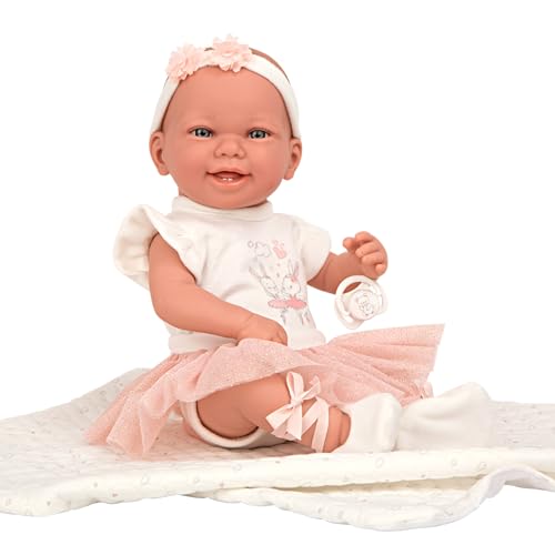 Arias – Muñeca Elegance Zoe Bailarina de Peso 2.6 kg, bebé recién Nacido de 42 cm con Cuerpo y extremidades de Vinyl, Ropa y Manta Color Rosa y Blanco, tutú y Zapatillas, Manta y Chupete, (ARI60691)