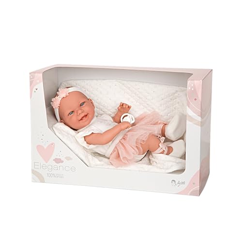 Arias – Muñeca Elegance Zoe Bailarina de Peso 2.6 kg, bebé recién Nacido de 42 cm con Cuerpo y extremidades de Vinyl, Ropa y Manta Color Rosa y Blanco, tutú y Zapatillas, Manta y Chupete, (ARI60691)