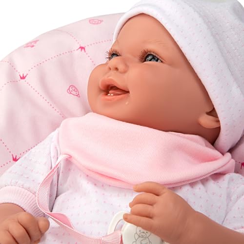 ARIAS - Muñeco Elegance Colin de Peso 4 kg, bebé Realista de 40 cm con Cuerpo Blando y extremidades de Vinyl, Ropa Rosa, Body y gorrito, Accesorios cojín y Chupete, Juguete +3 años (ARI60596)