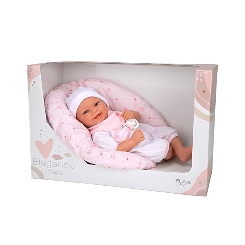 ARIAS - Muñeco Elegance Colin de Peso 4 kg, bebé Realista de 40 cm con Cuerpo Blando y extremidades de Vinyl, Ropa Rosa, Body y gorrito, Accesorios cojín y Chupete, Juguete +3 años (ARI60596)