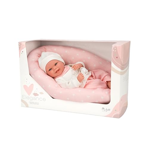 Arias - Muñeco Elegance Colin, muñeco de Peso 2.5 kg, bebé Realista de 40 cm, Pijama Blanco y Rosa, con cojín y Chupete, Cuerpo Blando y extremidades de Vinyl, niños y niñas +0 años (ARI60762)