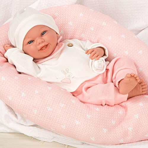 Arias - Muñeco Elegance Colin, muñeco de Peso 2.5 kg, bebé Realista de 40 cm, Pijama Blanco y Rosa, con cojín y Chupete, Cuerpo Blando y extremidades de Vinyl, niños y niñas +0 años (ARI60762)