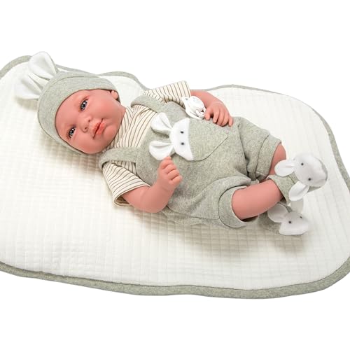 Arias – Muñeco Elegance Cris, muñeco de Peso 2.5 kg, bebé Realista de 40 cm, Conjunto Verde y Blanco con Detalle de orejitas, Manta y Chupete, Cuerpo Blando y extremidades de Vinyl, 0 (ARI60679)