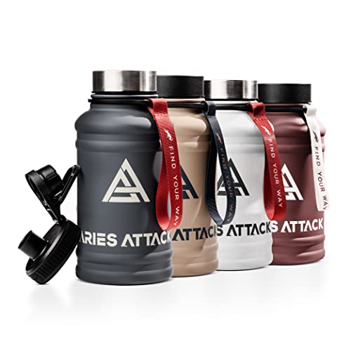 ARIES ATTACK Botella de acero inoxidable de 1,3 l – 1 l de agua Jug para fitness, gimnasio y exterior, cierre extra potable, sin BPA, estable y a prueba de fugas, apto para ácido carbónico (Barcelona)