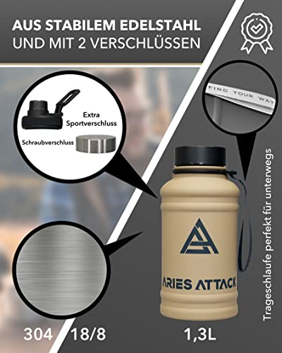 ARIES ATTACK Botella de acero inoxidable de 1,3 l, 1 L de agua para fitness, gimnasio y exterior, cierre de beber extra, sin BPA, estable y a prueba de fugas, apto para ácido carbónico (Toronto)