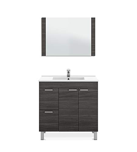 ARKITMOBEL Mueble de Baño con 2 Puertas 2 Cajones y Espejo, Modulo Baño, Modelo Aktiva, Acabado en Gris Ceniza, Medidas: 80 cm (Ancho) x 80 cm (Alto) x 45 cm (Fondo)