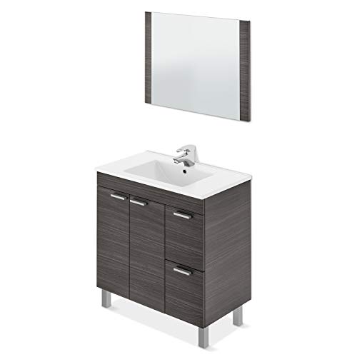 ARKITMOBEL Mueble de Baño con 2 Puertas 2 Cajones y Espejo, Modulo Baño, Modelo Aktiva, Acabado en Gris Ceniza, Medidas: 80 cm (Ancho) x 80 cm (Alto) x 45 cm (Fondo)