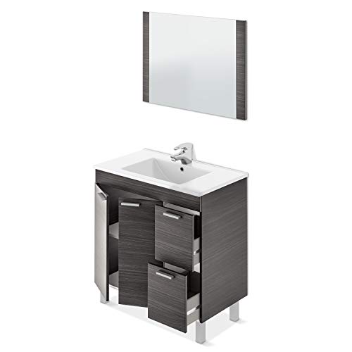 ARKITMOBEL Mueble de Baño con 2 Puertas 2 Cajones y Espejo, Modulo Baño, Modelo Aktiva, Acabado en Gris Ceniza, Medidas: 80 cm (Ancho) x 80 cm (Alto) x 45 cm (Fondo)