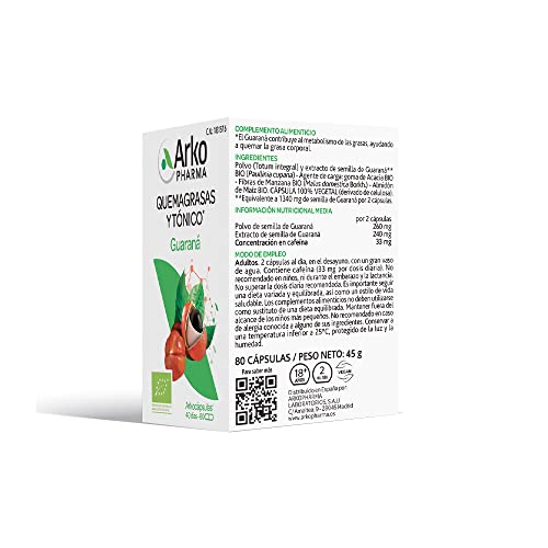 Arkopharma Arkocápsulas Guaraná BIO 80 Cápsulas, Ayuda a Quemar la Grasa Corporal, Metabolismo de Grasas, Vegano, Complemento Alimenticio