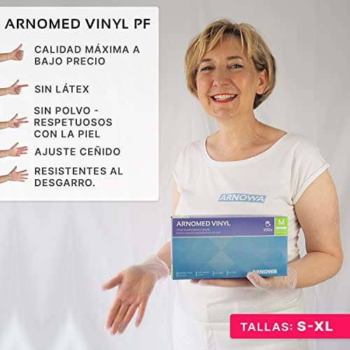 ARNOMED Guantes vinilo sin polvo talla M, 100 unidades/caja, guantes de vinilo sin polvo, guantes vinilo transparentes, guantes vinilo desechables, guantes desechables vinilo talla S, M, L y XL