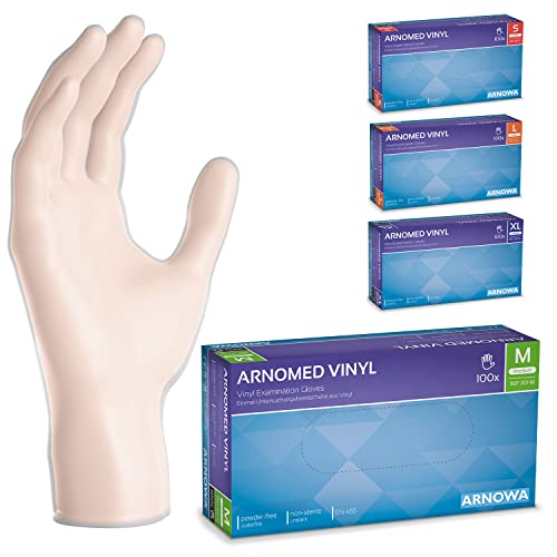 ARNOMED Guantes vinilo sin polvo talla M, 100 unidades/caja, guantes de vinilo sin polvo, guantes vinilo transparentes, guantes vinilo desechables, guantes desechables vinilo talla S, M, L y XL