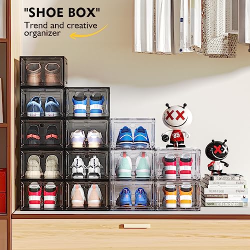 ARSTPEOE Cajas para Zapatos, Paquete de 6, Rganizador de Zapatos, Caja Zapatos Transparente Apilable, Cajas Almacenaje Zapatos de Plástico Plegable, Expositor para Zapatillas y Sneakers (Negro)