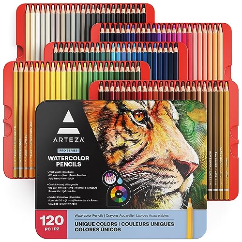 ARTEZA Lápices de acuarela profesionales para adultos y niños | Juego de 120 | Lápices de colores solubles en agua para técnicas de coloreado, mezclas, y capas de acuarela