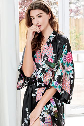 ArtiDeco Vestido Kimono Pijama de Seda Novia Kimono de Seda Ropa de dormir de Satén Estampado Pavo Real