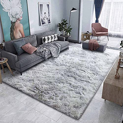 ASIinnsy Alfombra Salón Pelo Largo Shaggy Alfombras de Habitacion Modernas Grandes Gris Alfombra Antideslizante Suave para Dormitorio Comedor Alfombra de Felpa (160 x 230 cm, Gris Blanco)