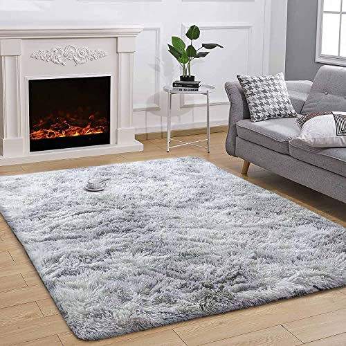 ASIinnsy Alfombra Salón Pelo Largo Shaggy Alfombras de Habitacion Modernas Grandes Gris Alfombra Antideslizante Suave para Dormitorio Comedor Alfombra de Felpa (160 x 230 cm, Gris Blanco)