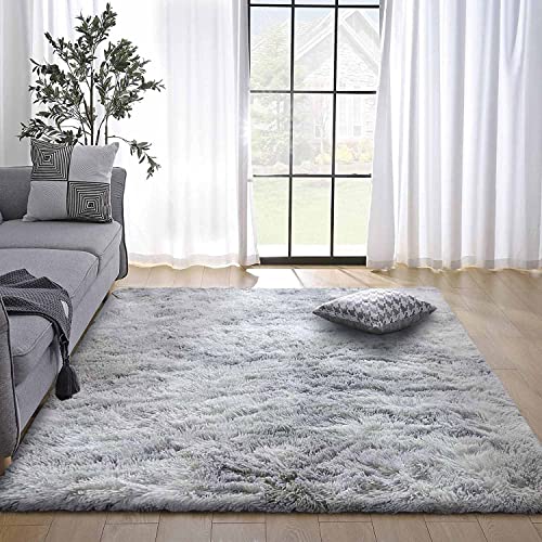 ASIinnsy Alfombra Salón Pelo Largo Shaggy Alfombras de Habitacion Modernas Grandes Gris Alfombra Antideslizante Suave para Dormitorio Comedor Alfombra de Felpa (160 x 230 cm, Gris Blanco)