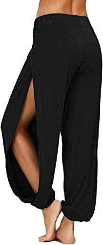 ASKSA Pantalones de harén para mujer, hippie Split, pantalones de deporte, pantalones elásticos, corte holgado, pantalones de yoga, Negro , extra-large