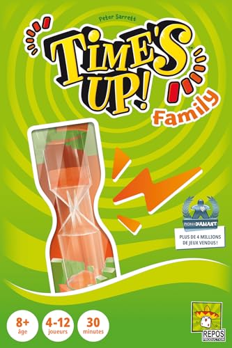 Asmodee - Resto Production - Time's Up Family (con Reloj de Arena Gigante) - Juegos de Mesa - Juegos de Cartas - Juegos de Ambiente - Juegos Familiares - A Partir de 8 años - 4 a 12 Jugadores -