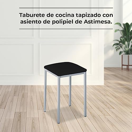 ASTIMESA - Taburetes de Cocina tapizado - Estructura sólida y Firme - Estructura Color Aluminio y Asiento en Polipiel - Color del Asiento: Negro. Contenido: 2 Unidades. Medidas: 35 x 35 x 45 cm