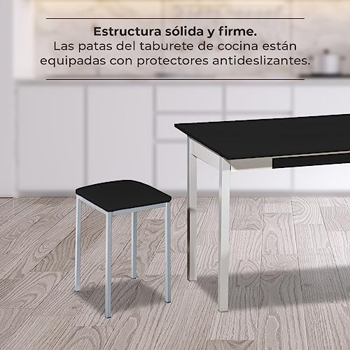 ASTIMESA - Taburetes de Cocina tapizado - Estructura sólida y Firme - Estructura Color Aluminio y Asiento en Polipiel - Color del Asiento: Negro. Contenido: 2 Unidades. Medidas: 35 x 35 x 45 cm