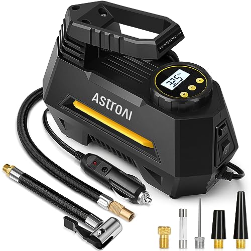 AstroAI 220B Compresor Aire Portátil 12V para Coche, Inflador Ruedas Coche, Hinchador Ruedas Coche con Pantalla LCD, Luz LED, Manómetro y 3M Cable para Moto, Bicicleta, Pelota, Coche y Etc