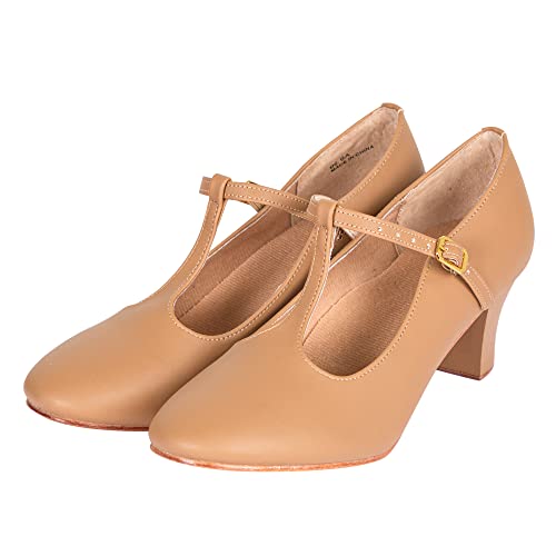 Asyusyu Zapatos de personajes para mujer, con correa en T, puntera cerrada, para salsa, tango, danza, zapatos de baile para estudiantes, Brown, 38 EU