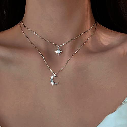 Atentuyi Boho Capas Cz Estrella De La Luna Collares Gargantilla Collar De Plata De La Estrella Del Norte Luna Colgante Collar Cz Starburst Rhinestone Joyería Para Las Mujeres Y Las Niñas Adolescentes