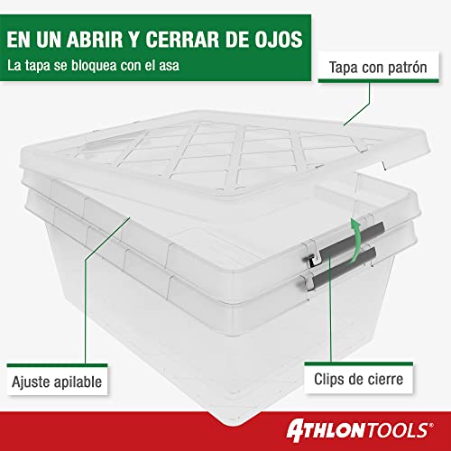 ATHLON TOOLS 4 cajas de almacenamiento de 12.5 L con tapa, aptas para alimentos, clips de cierre, caja de plástico 100% transparente, cajas de ropa apilables