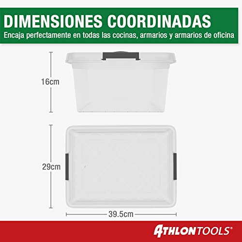 ATHLON TOOLS 4 cajas de almacenamiento de 12.5 L con tapa, aptas para alimentos, clips de cierre, caja de plástico 100% transparente, cajas de ropa apilables