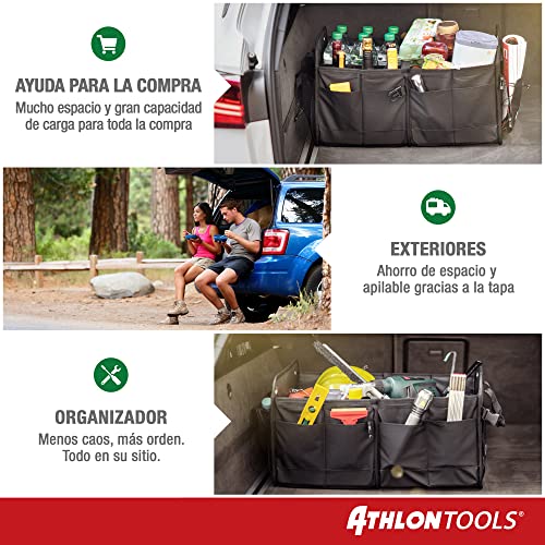 ATHLON TOOLS Bolsa de maletero prémium con tapa, XXL de 60 litros organizador de maletero, base extraestable e impermeable con cierre de tiras antideslizante