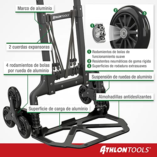 ATHLON TOOLS Carretilla Plegable de Aluminio, Mango extralargo de 110 cm, Superficie de Carga con Almohadillas Antideslizantes, Modelo 2024