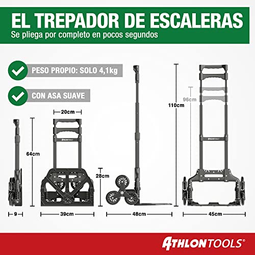 ATHLON TOOLS Carretilla Plegable de Aluminio, Mango extralargo de 110 cm, Superficie de Carga con Almohadillas Antideslizantes, Modelo 2024