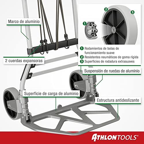 ATHLON Tools Carretilla Plegable de Aluminio para Cargas Pesadas | Grandes Ruedas de Marcha Suave con Bandas de Rodadura Blandas | Incluye 2 Cuerdas extensoras - Modelo 2024