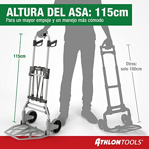 ATHLON Tools Carretilla Plegable de Aluminio para Cargas Pesadas | Grandes Ruedas de Marcha Suave con Bandas de Rodadura Blandas | Incluye 2 Cuerdas extensoras - Modelo 2024