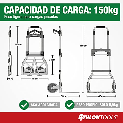 ATHLON Tools Carretilla Plegable de Aluminio para Cargas Pesadas | Grandes Ruedas de Marcha Suave con Bandas de Rodadura Blandas | Incluye 2 Cuerdas extensoras - Modelo 2024